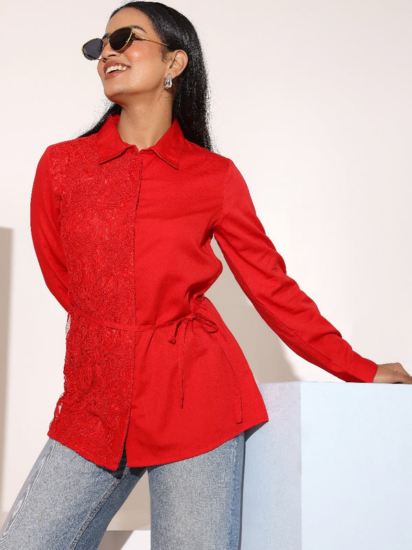 Charming Red Cotton Embroidered Shirt