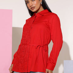 Charming Red Cotton Embroidered Shirt