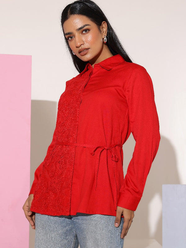 Charming Red Cotton Embroidered Shirt