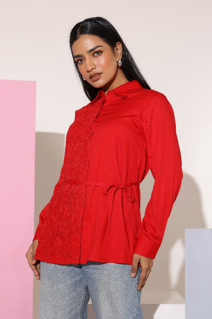 Charming Red Cotton Embroidered Shirt