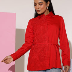 Charming Red Cotton Embroidered Shirt