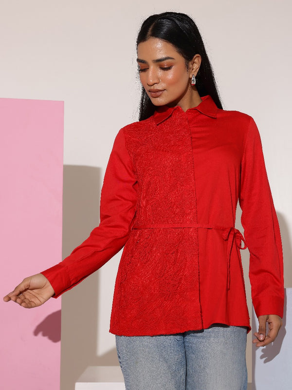Charming Red Cotton Embroidered Shirt