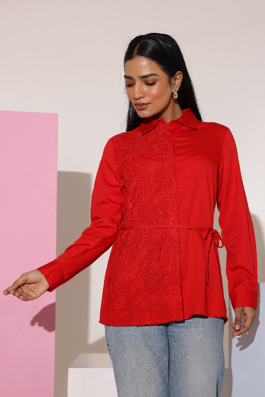 Charming Red Cotton Embroidered Shirt