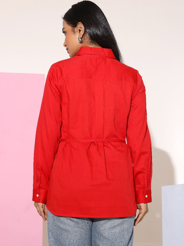 Charming Red Cotton Embroidered Shirt