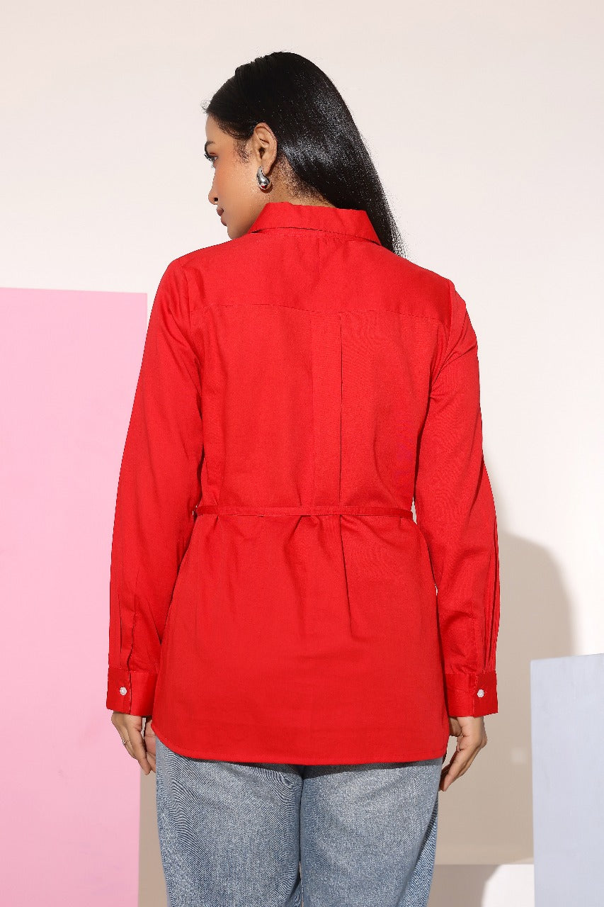 Charming Red Cotton Embroidered Shirt