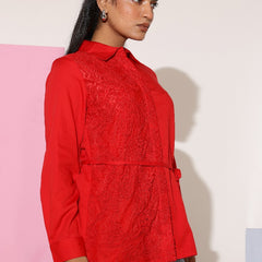 Charming Red Cotton Embroidered Shirt