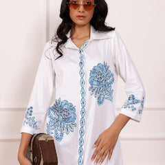 Blue Embroidered Cotton Midi Dress