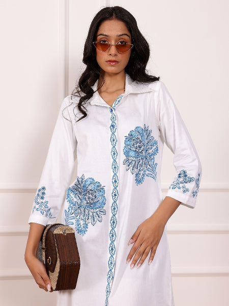 Blue Embroidered Cotton Midi Dress
