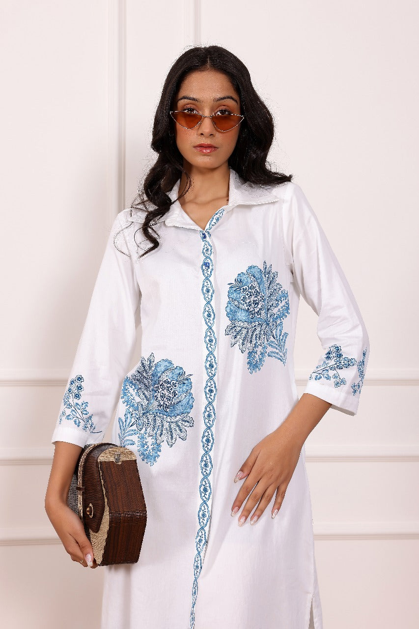 Blue Embroidered Cotton Midi Dress