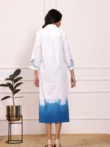 Blue Embroidered Cotton Midi Dress