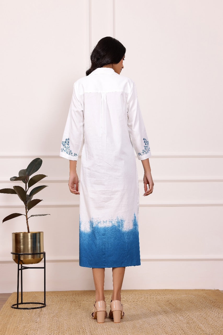 Blue Embroidered Cotton Midi Dress