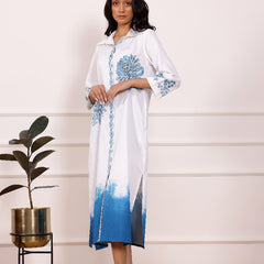 Blue Embroidered Cotton Midi Dress
