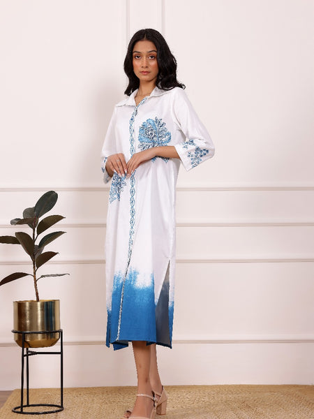 Blue Embroidered Cotton Midi Dress