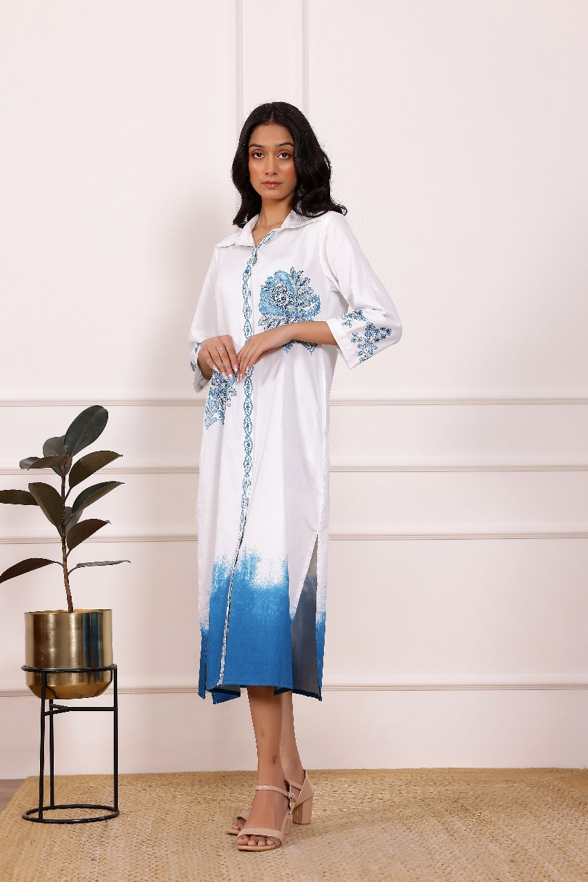 Blue Embroidered Cotton Midi Dress