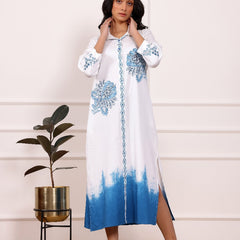 Blue Embroidered Cotton Midi Dress