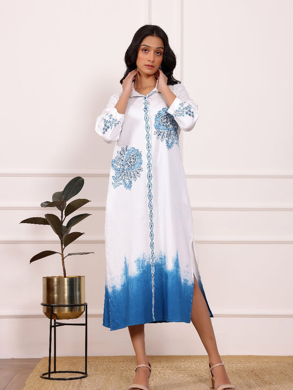 Blue Embroidered Cotton Midi Dress