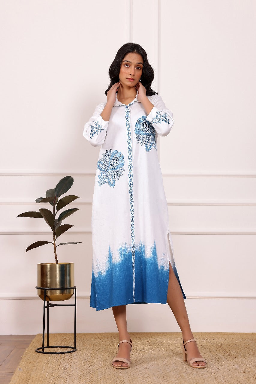 Blue Embroidered Cotton Midi Dress