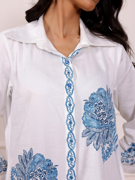 Blue Embroidered Cotton Midi Dress