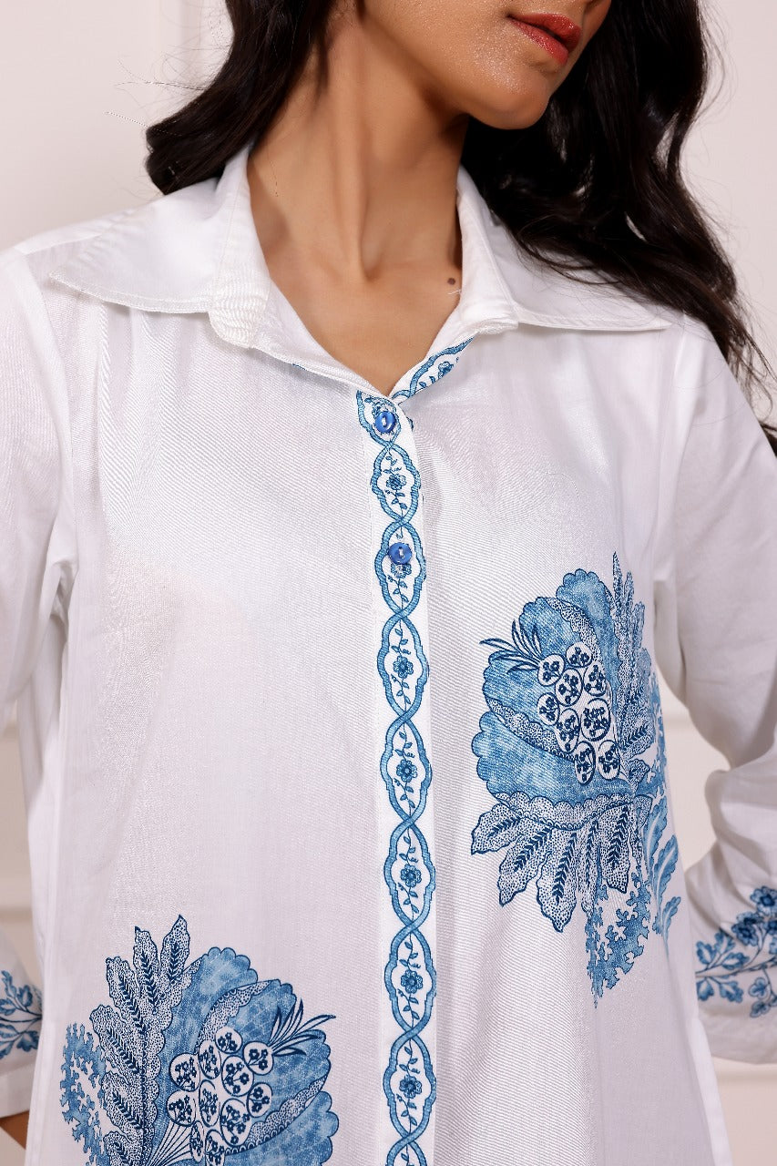 Blue Embroidered Cotton Midi Dress