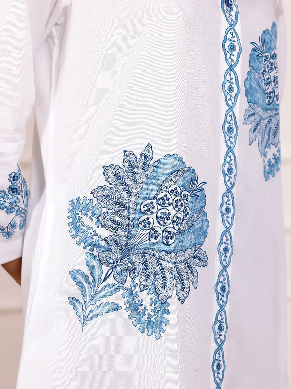 Blue Embroidered Cotton Midi Dress