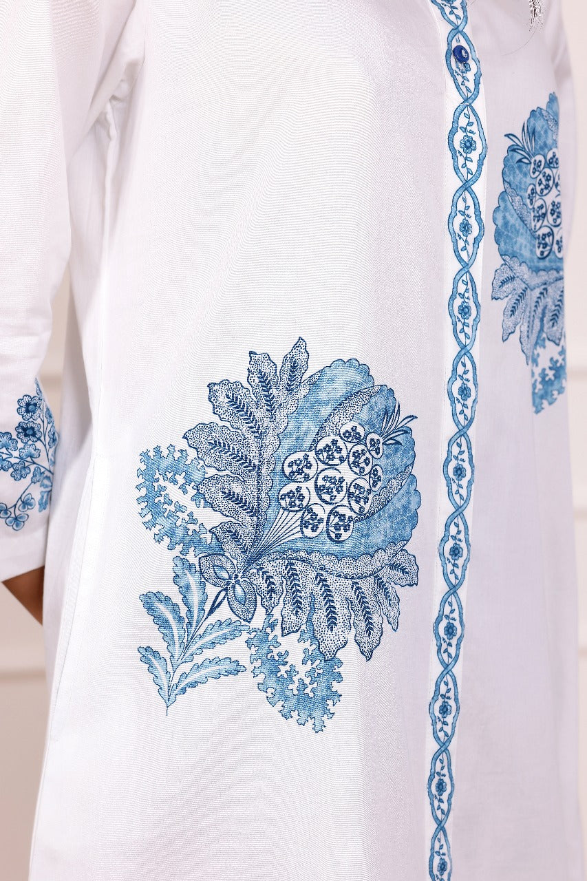 Blue Embroidered Cotton Midi Dress