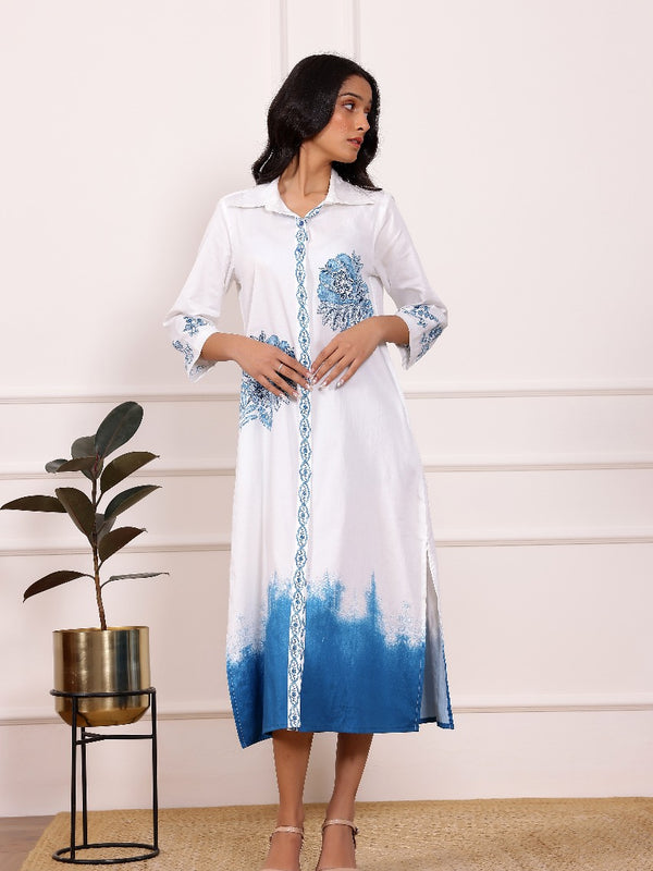 Blue Embroidered Cotton Midi Dress