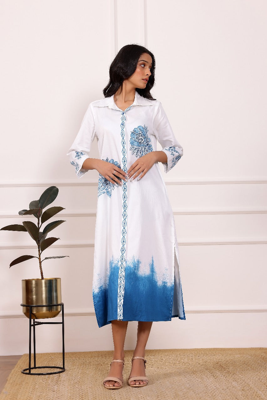Blue Embroidered Cotton Midi Dress