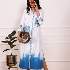 Blue Embroidered Cotton Midi Dress