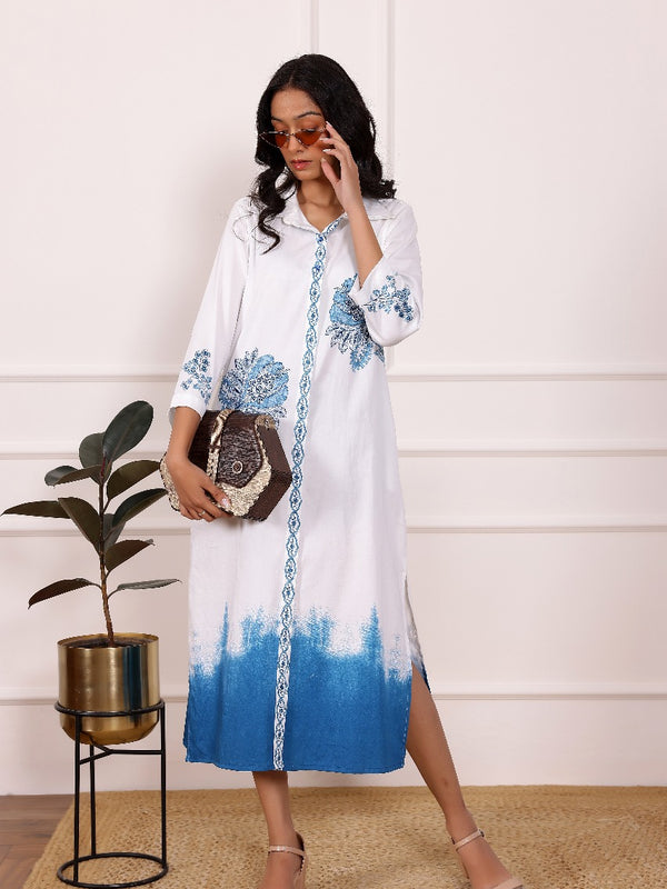Blue Embroidered Cotton Midi Dress