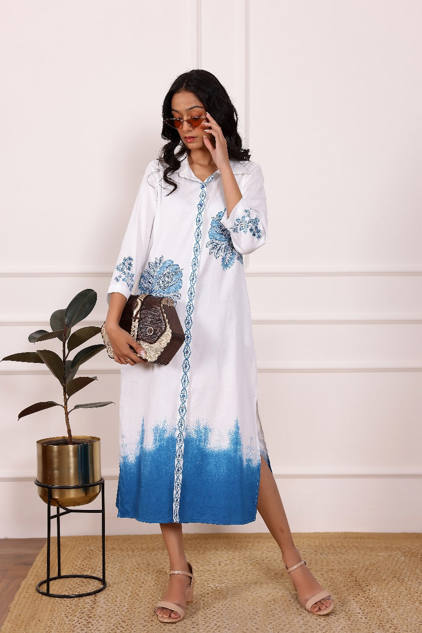 Blue Embroidered Cotton Midi Dress