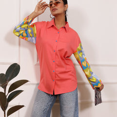 Peach Heart Print Poplin Cotton Shirt