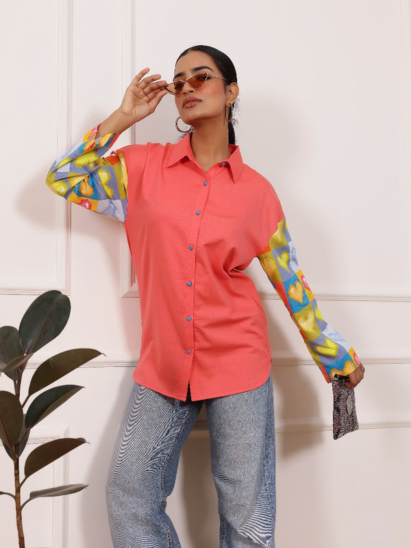 Peach Heart Print Poplin Cotton Shirt