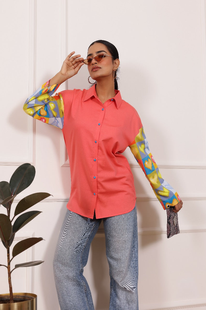 Peach Heart Print Poplin Cotton Shirt