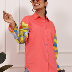 Peach Heart Print Poplin Cotton Shirt