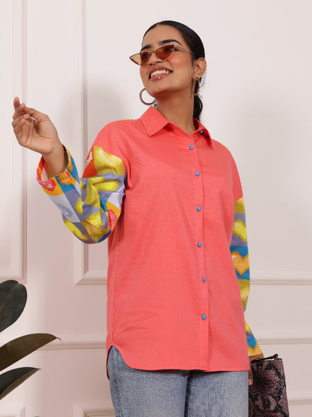 Peach Heart Print Poplin Cotton Shirt
