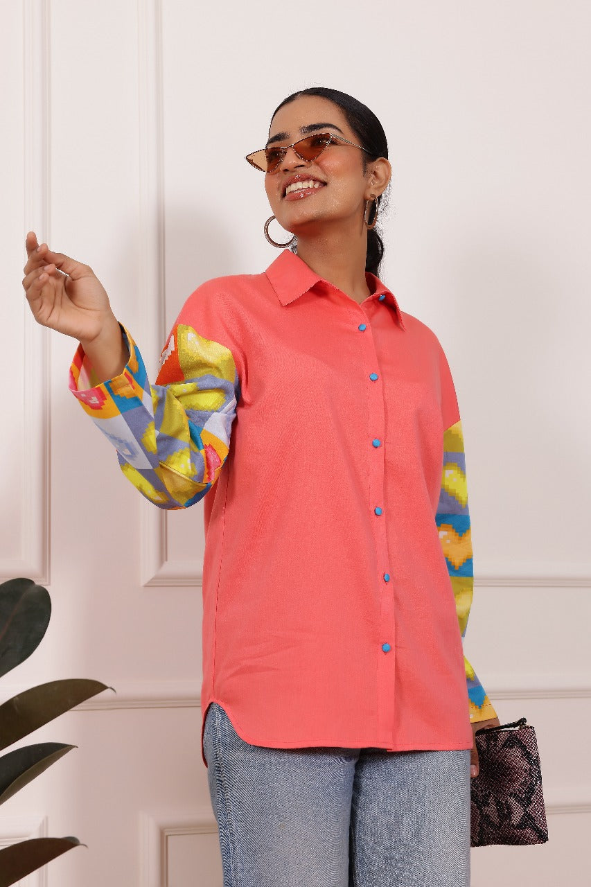 Peach Heart Print Poplin Cotton Shirt