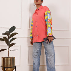 Peach Heart Print Poplin Cotton Shirt