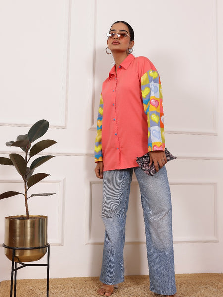 Peach Heart Print Poplin Cotton Shirt