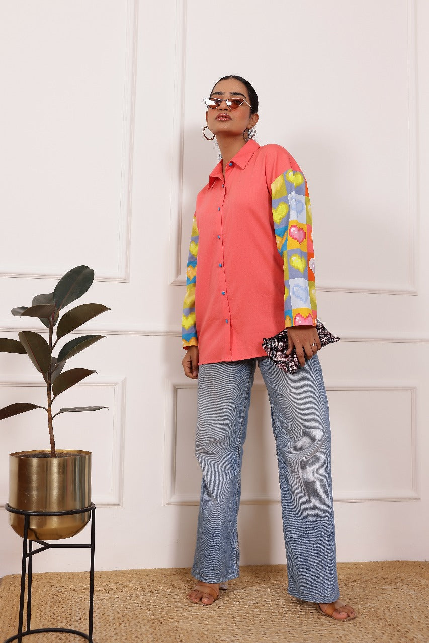 Peach Heart Print Poplin Cotton Shirt