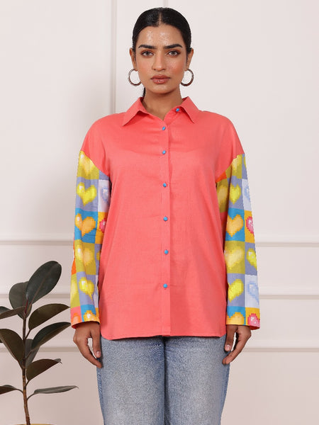 Peach Heart Print Poplin Cotton Shirt