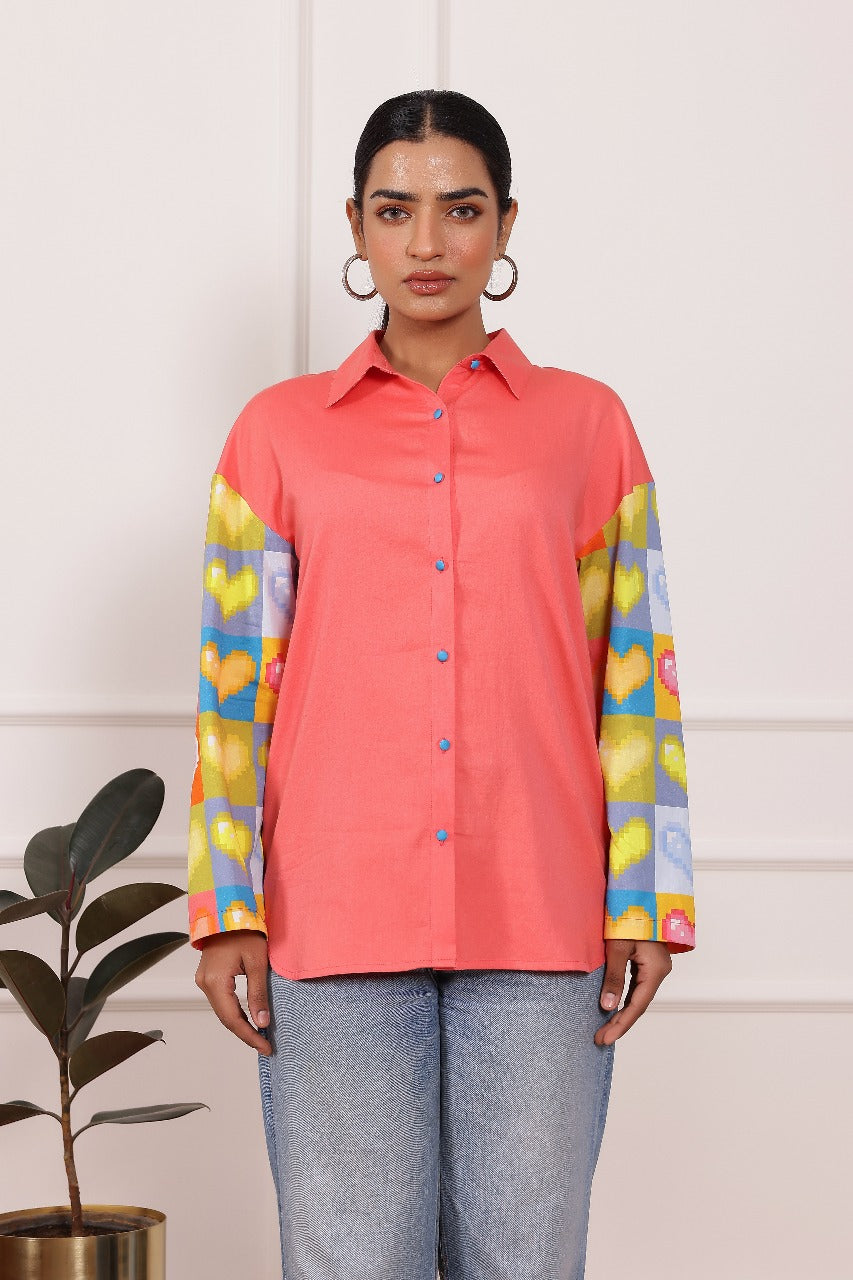 Peach Heart Print Poplin Cotton Shirt