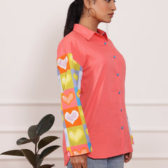 Peach Heart Print Poplin Cotton Shirt