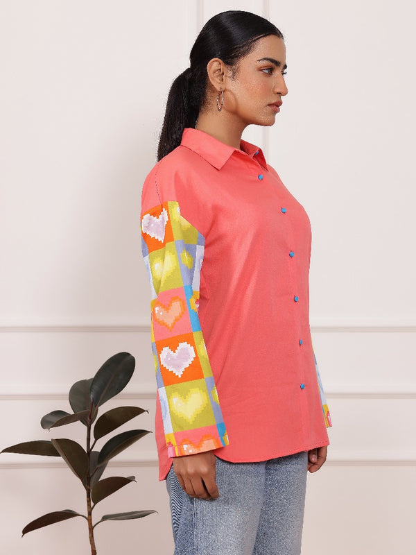 Peach Heart Print Poplin Cotton Shirt
