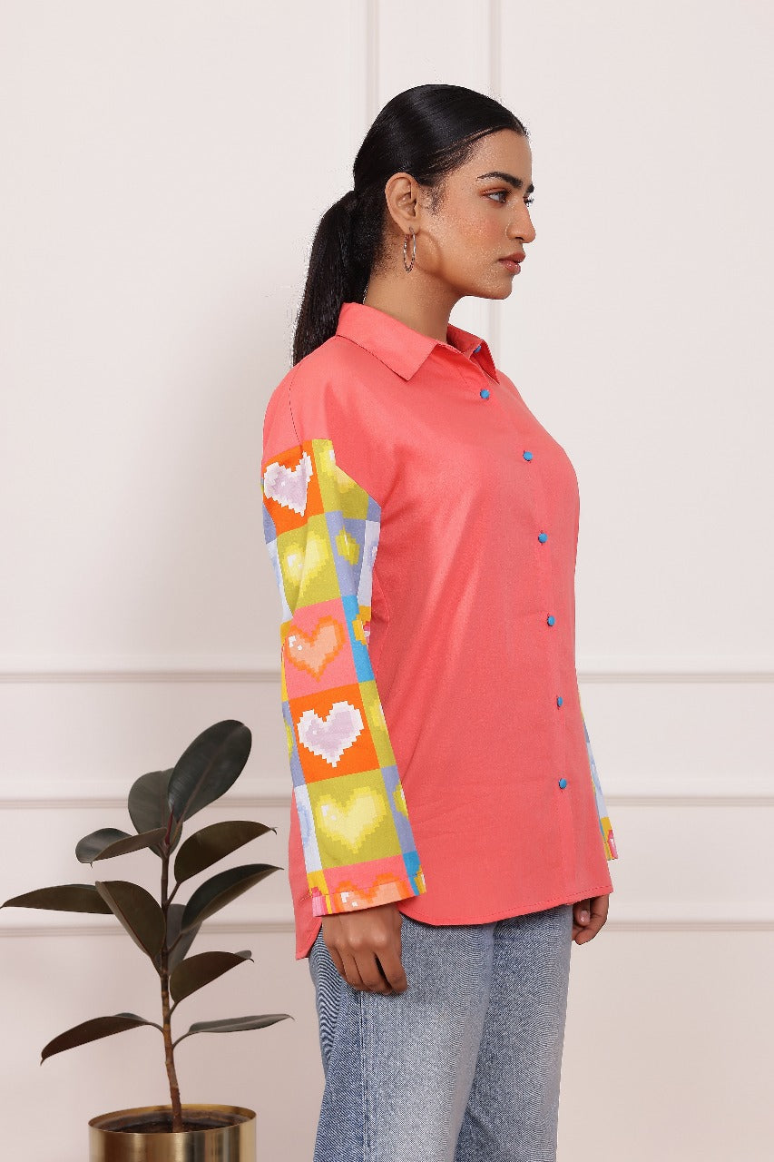 Peach Heart Print Poplin Cotton Shirt