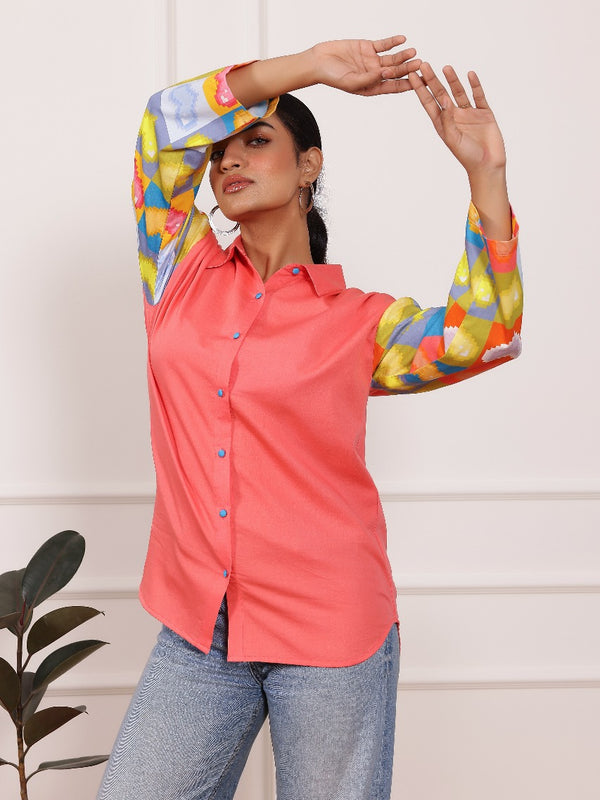 Peach Heart Print Poplin Cotton Shirt