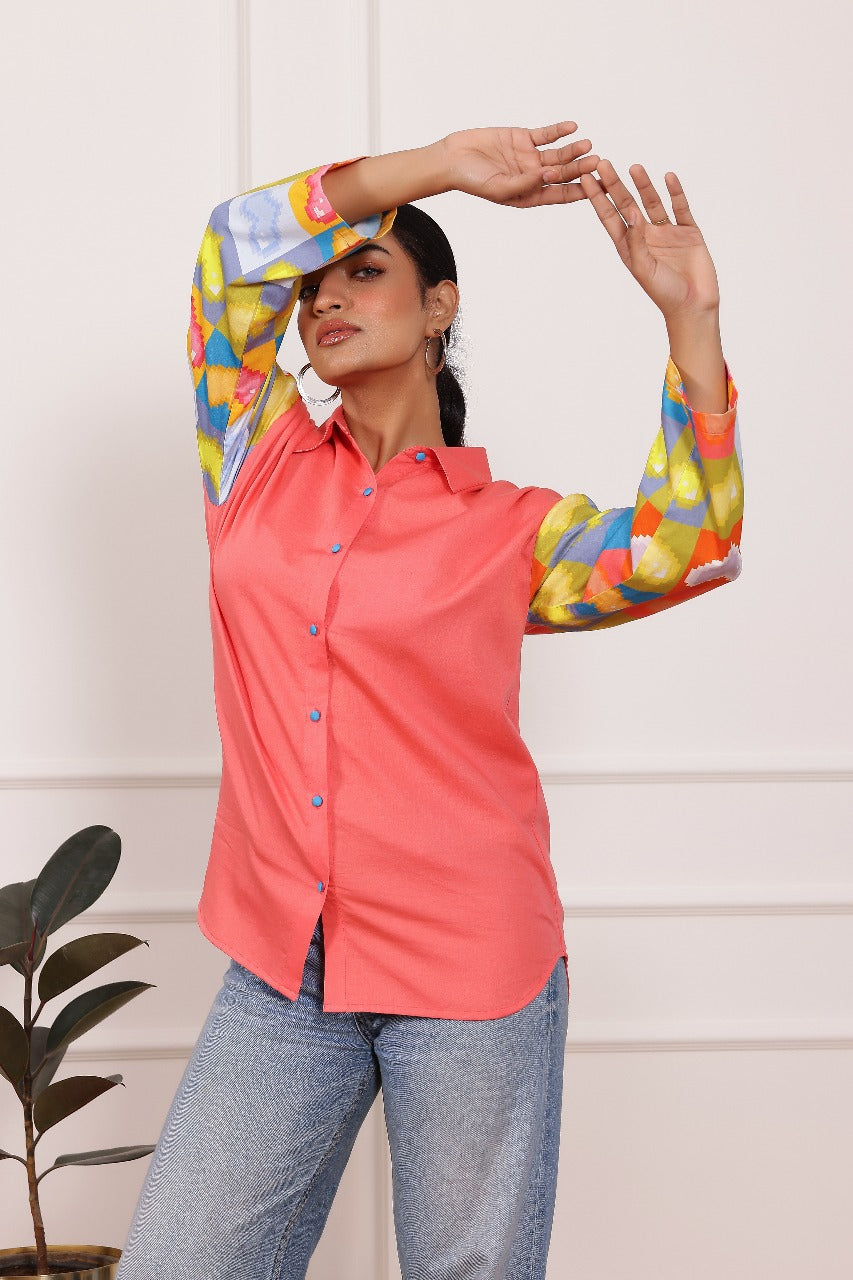 Peach Heart Print Poplin Cotton Shirt