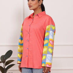 Peach Heart Print Poplin Cotton Shirt