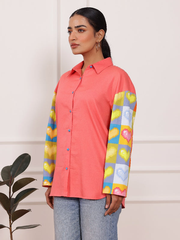 Peach Heart Print Poplin Cotton Shirt