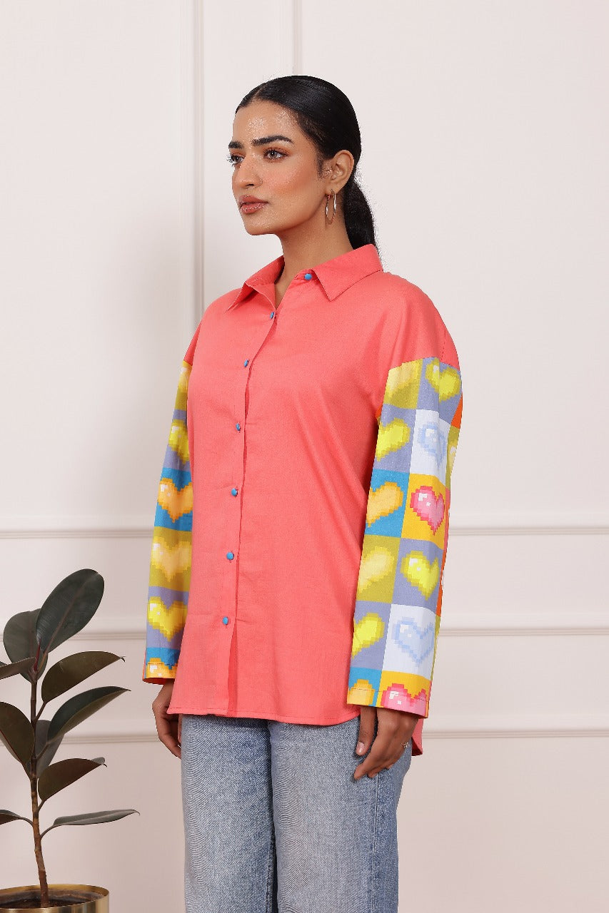 Peach Heart Print Poplin Cotton Shirt