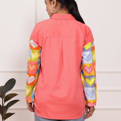 Peach Heart Print Poplin Cotton Shirt